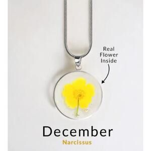 Mint & Lilly Pressed Birth Flower Necklace*December*Narcissus*Silver w/Stainless